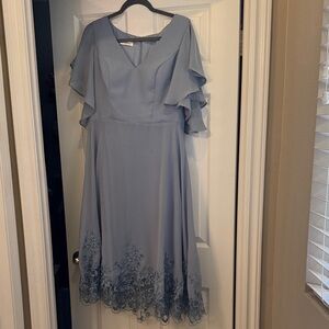 JJs House Dusty Blue Midi Dress with Floral Hem